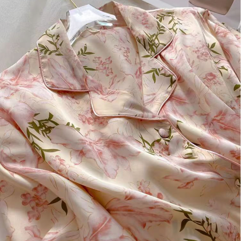 Satin Blossom Relaxed Fit Pajama Set – Pink Orchid Print