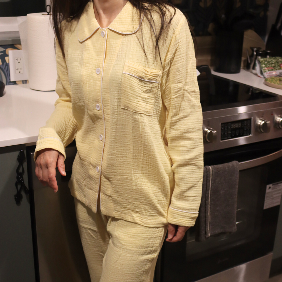 Double Gauze Cotton Pajama Set – Button-Down Long Sleeve & Pants