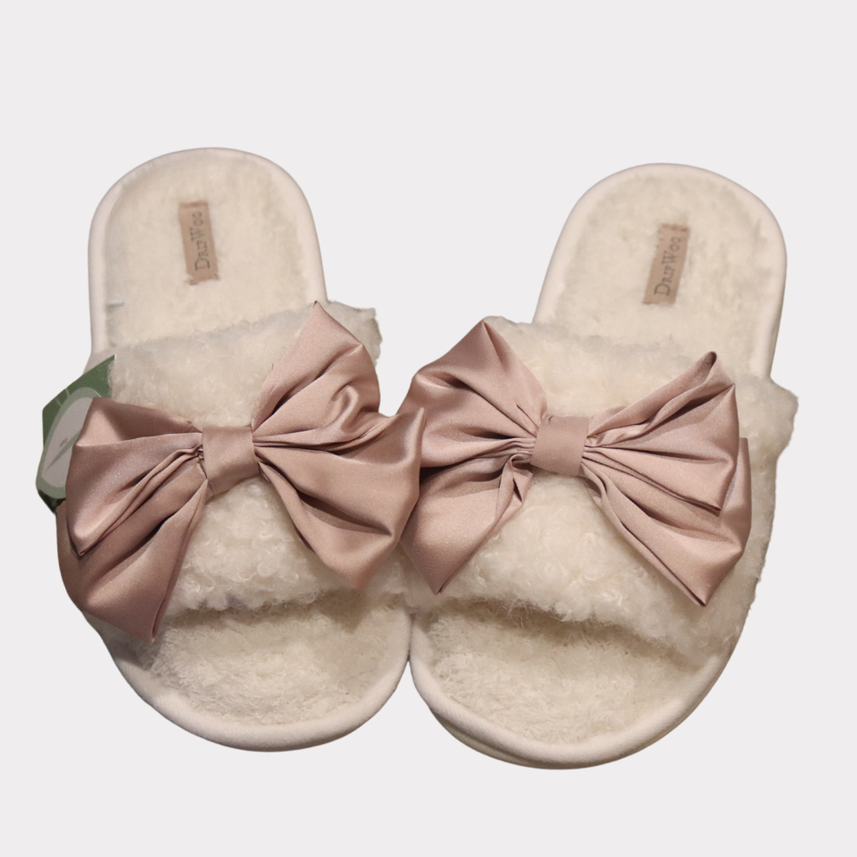 Open-Toe House Slippers with Plush Sherpa and Satin Bow – Soft Indoor Comfort