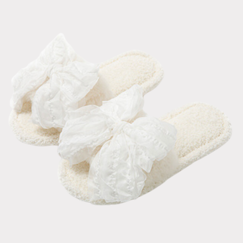 Pink sheer-bow plush house slippers product view