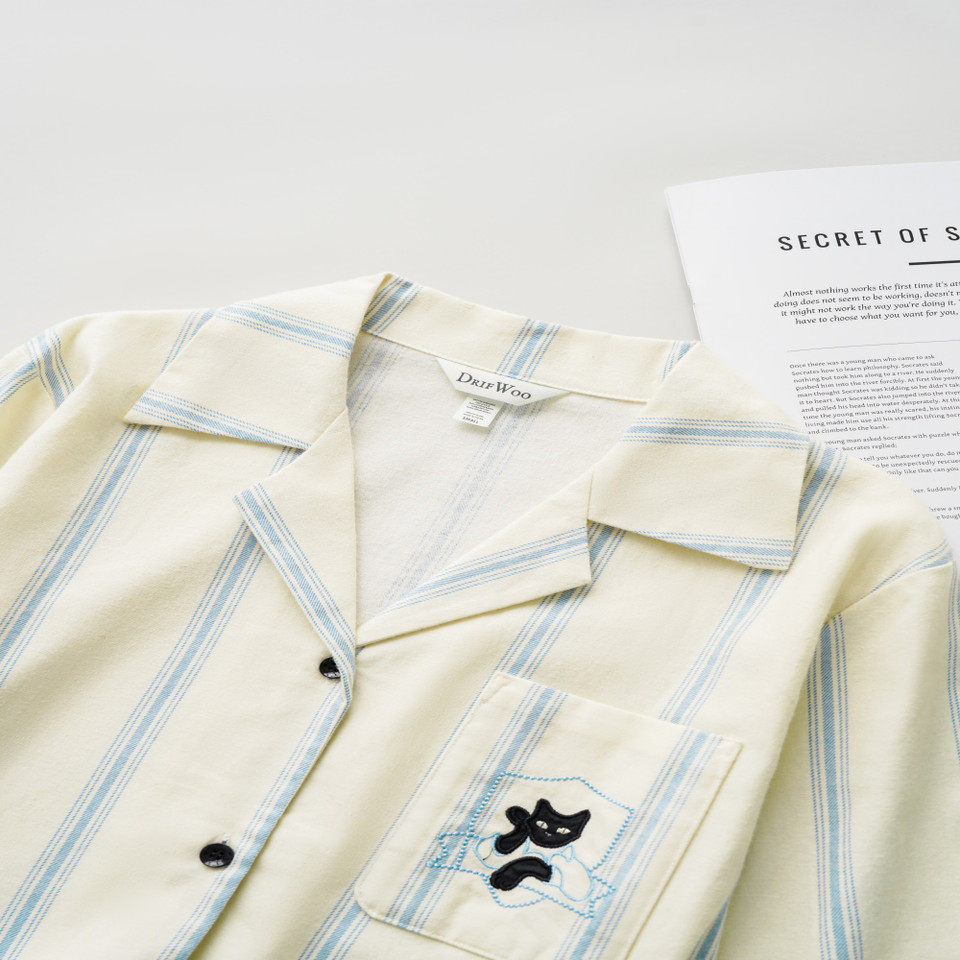 Cotton Relaxed Fit Pajama Set – Embroidered Black Cat Stripes