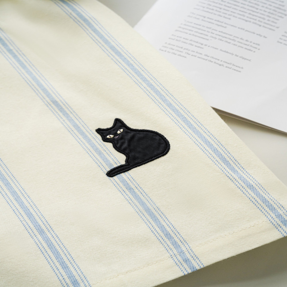 Cotton Relaxed Fit Pajama Set – Embroidered Black Cat Stripes