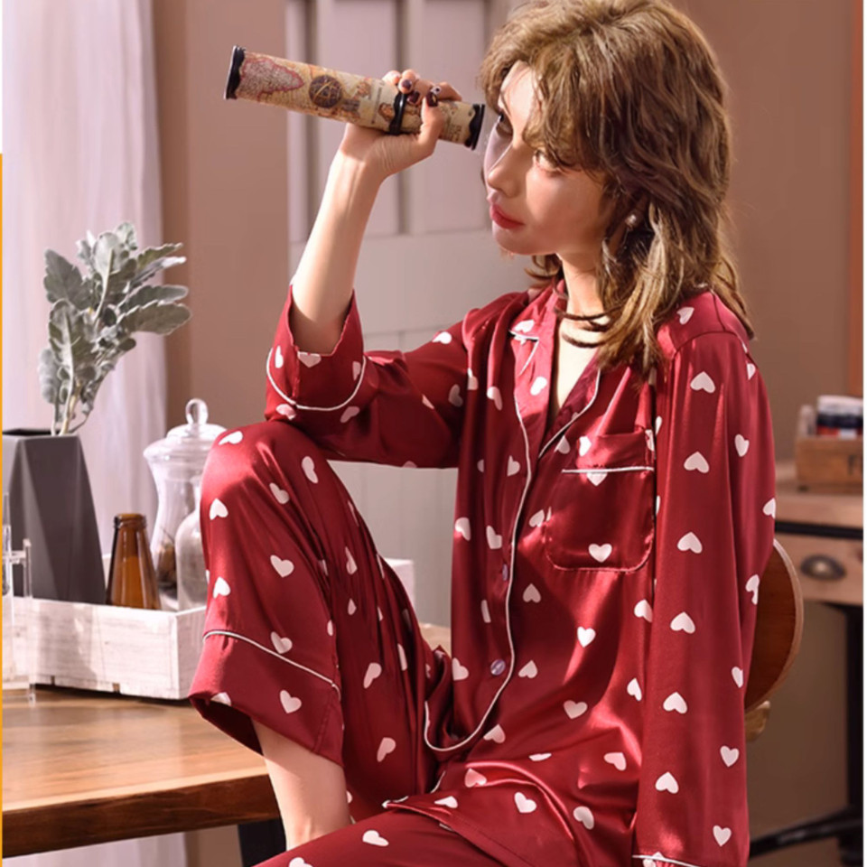 Satin Heart Print Pajama Set – Button-Front Top & Long Pants