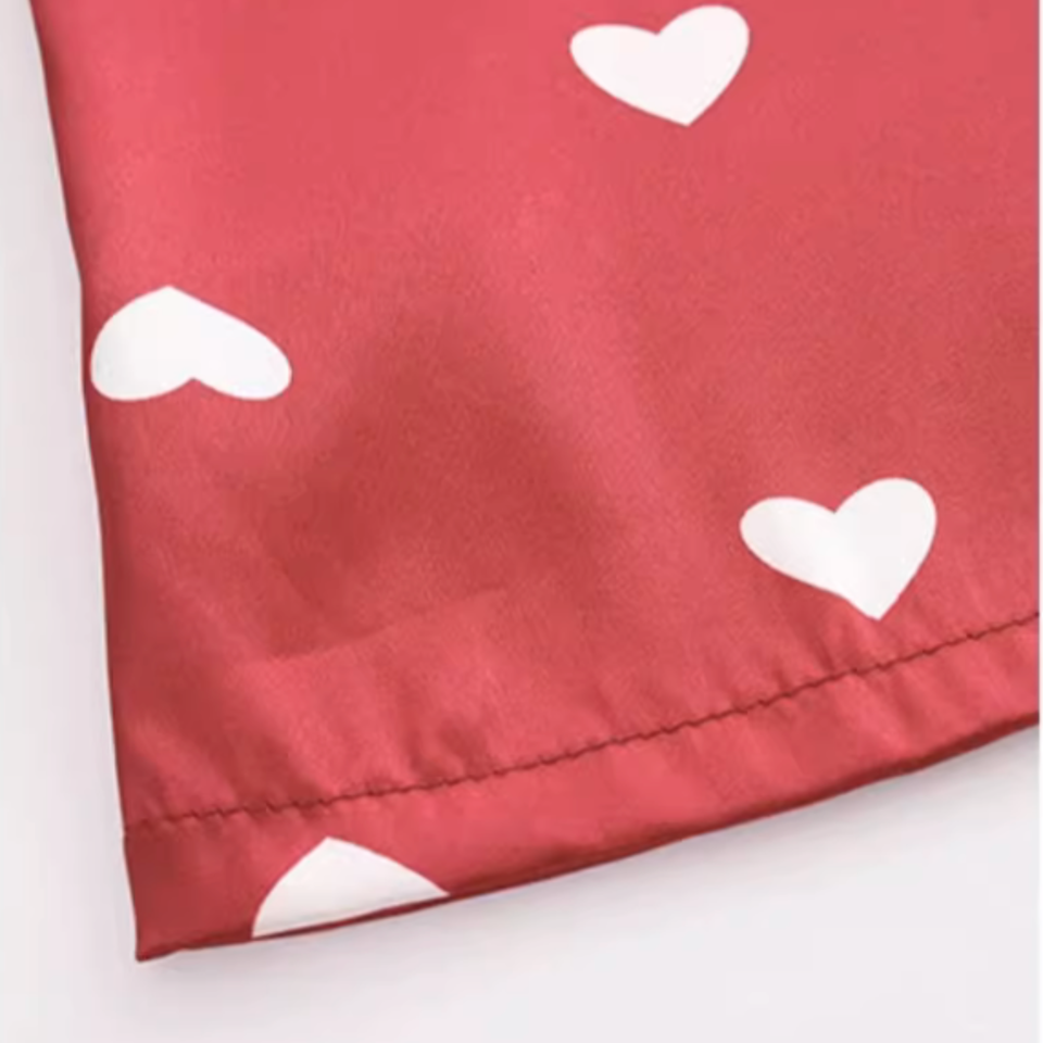 Satin Heart Print Pajama Set – Button-Front Top & Long Pants