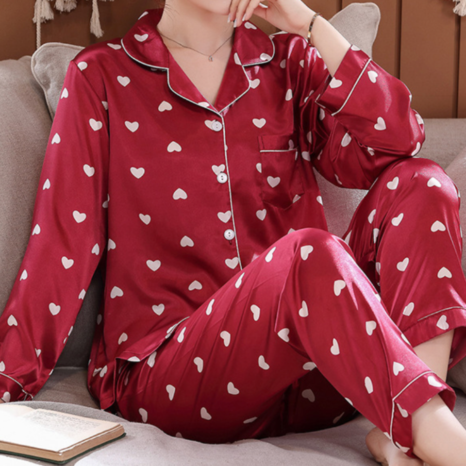 Satin Heart Print Pajama Set – Button-Front Top & Long Pants