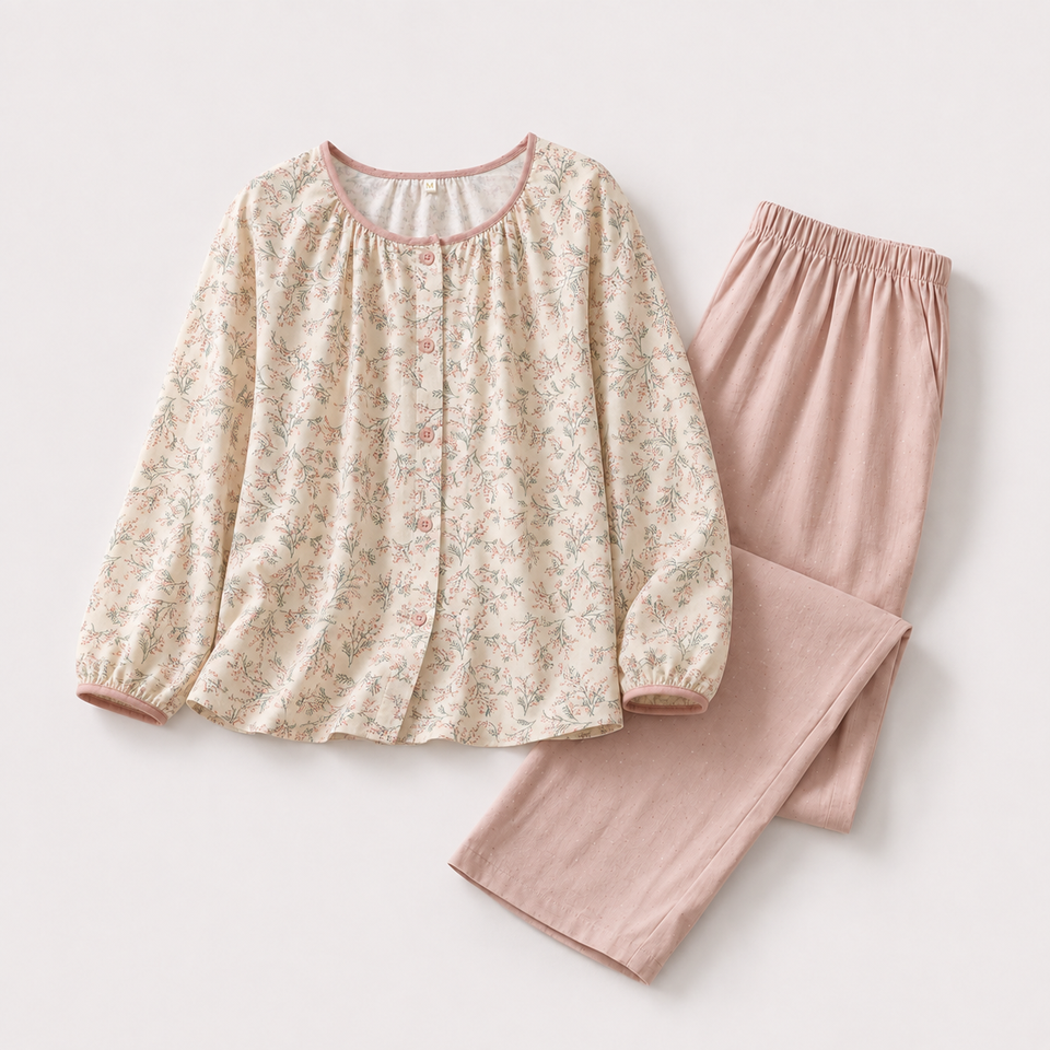 Blush Pink garden floral cotton lounge set flat lay
