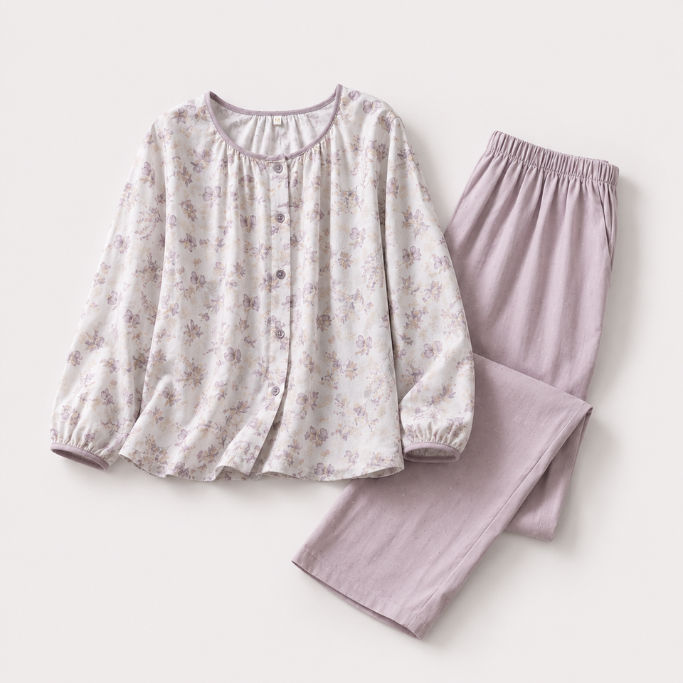 Light Purple garden floral cotton lounge set flat lay