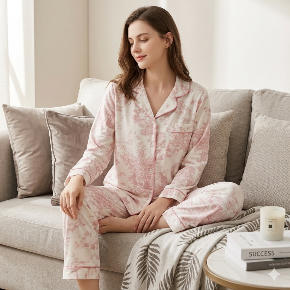 Toile Blossom Cotton Pajama Set – Relaxed Fit Sleepwear