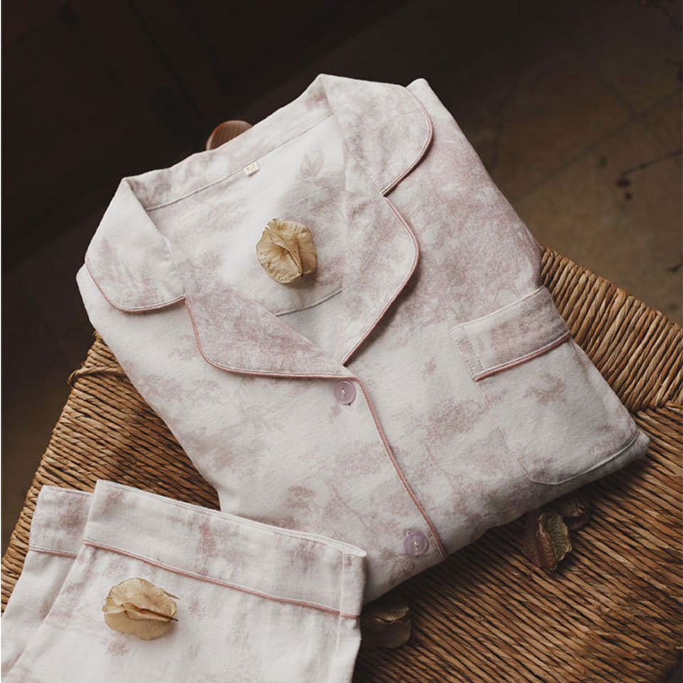 Blush Toile long sleeve pajama set fabric and fit detail