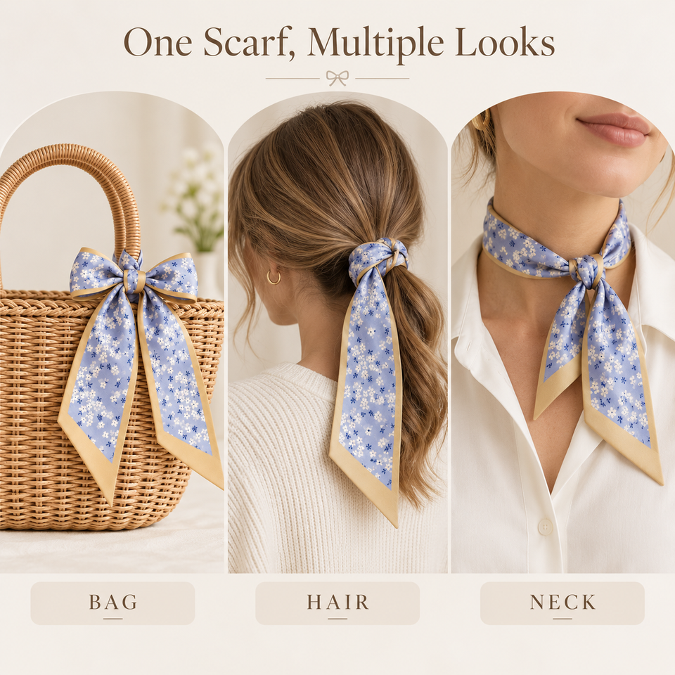 Blue floral satin twilly scarf styled on a bag, ponytail and neckline
