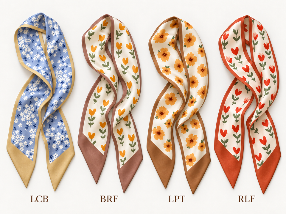 Reversible satin twilly scarves in light blue, brown, orange and red floral prints