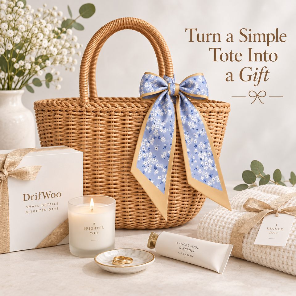 Blue floral satin twilly bow on a woven gift tote in a soft home setting
