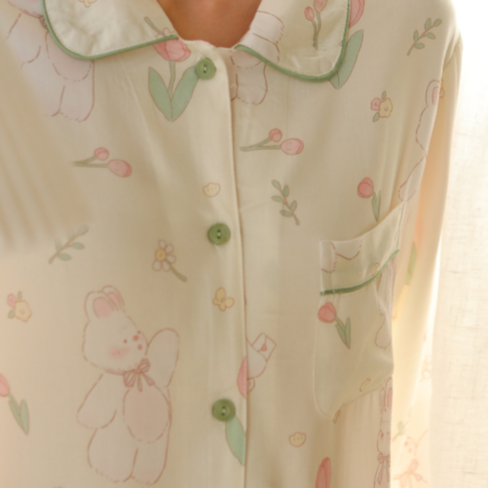 Bamboo Cotton Relaxed Pajama Set – Bunny & Tulip Print Sleepwear