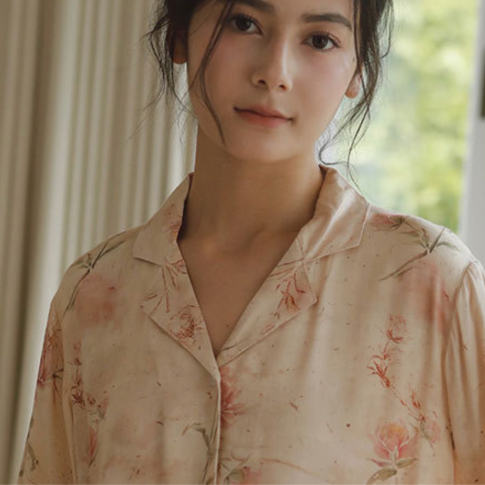 Portrait view of rose garden viscose short sleeve pajama top