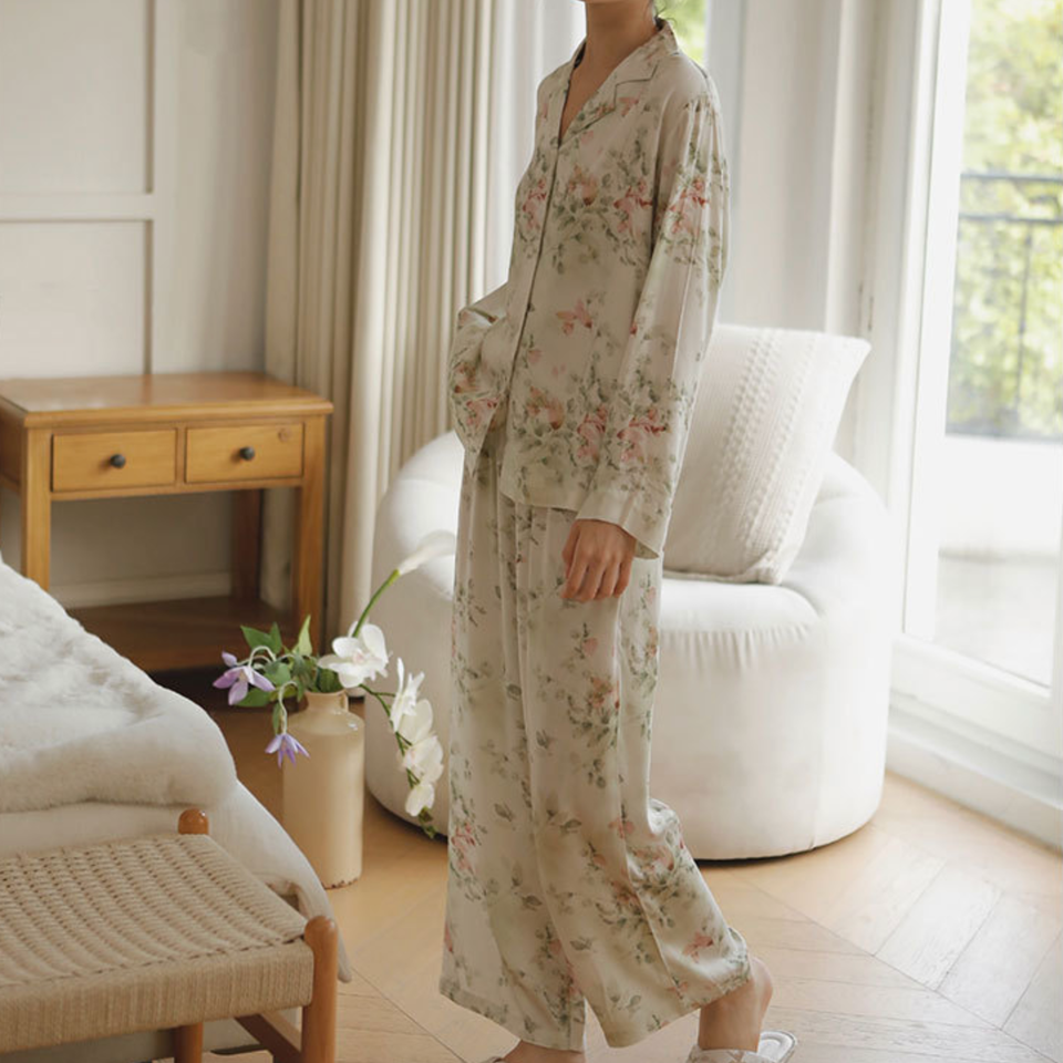 Full-length view of the Green Still Bloom floral viscose pajama set
