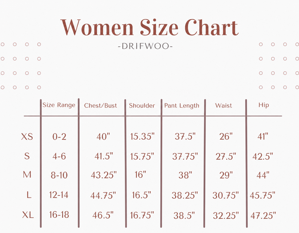 RD021 Still Bloom pajama size chart with garment measurements for XS through XL