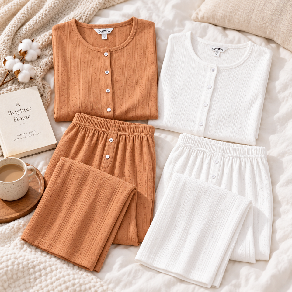 Camel and ivory ribbed lounge sets arranged on soft bedding