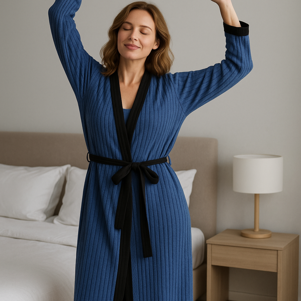 Plush Knit Drape Robe – Contrast Trim Loungewear Wrap