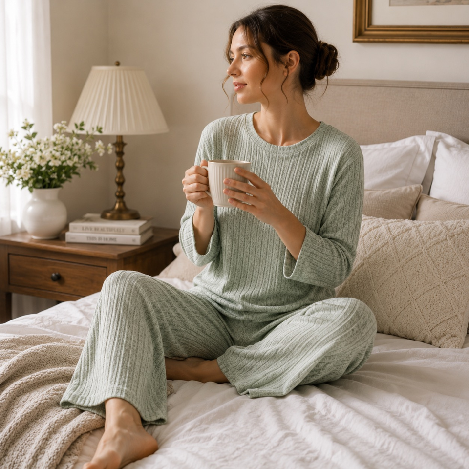 Woman seated on a bed wearing the Quiet Rib pajama set in Sage Mist