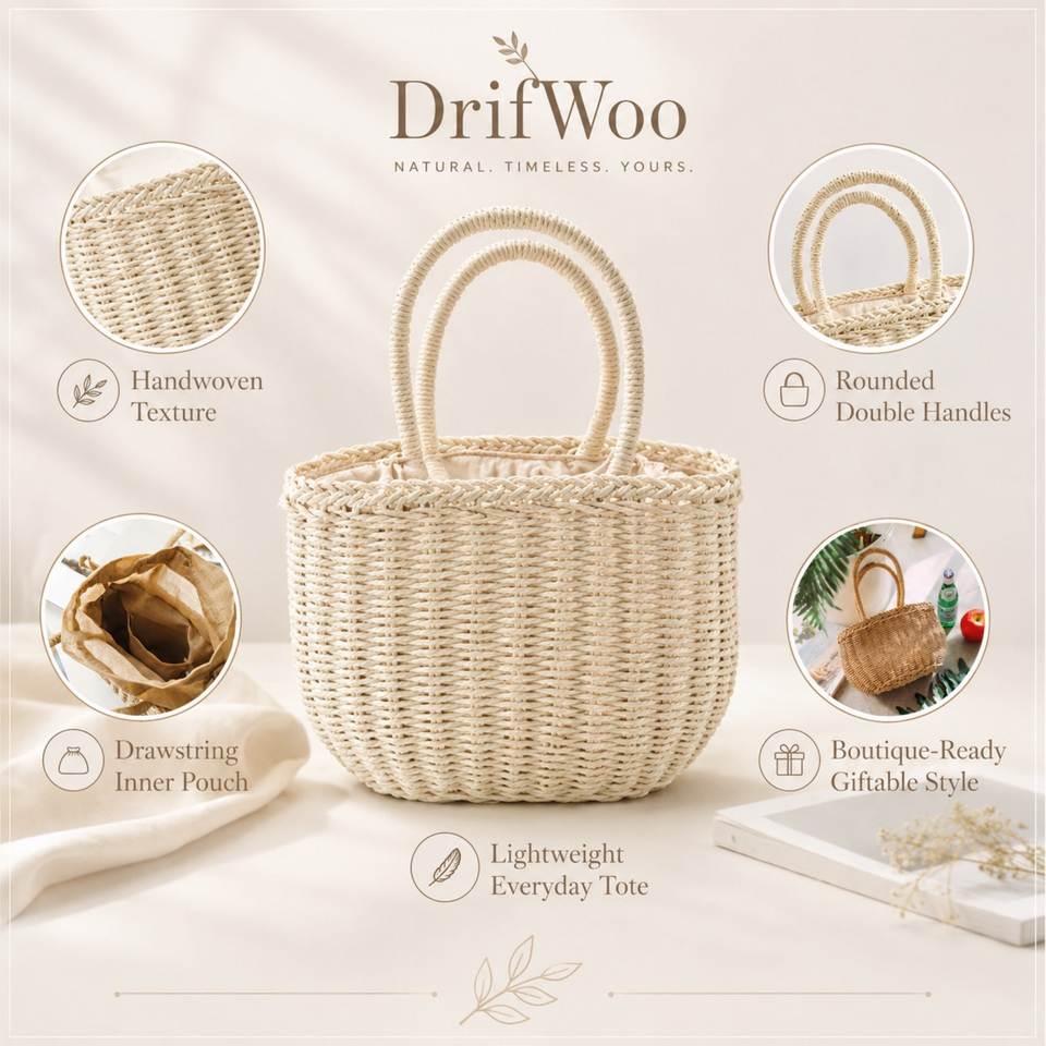 SunWeave Oval Frame – Woven Picnic Tote with Drawstring Liner