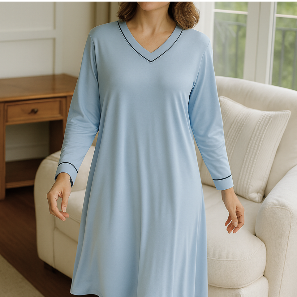 Full-length front view of blue Essential modal long sleeve nightgown