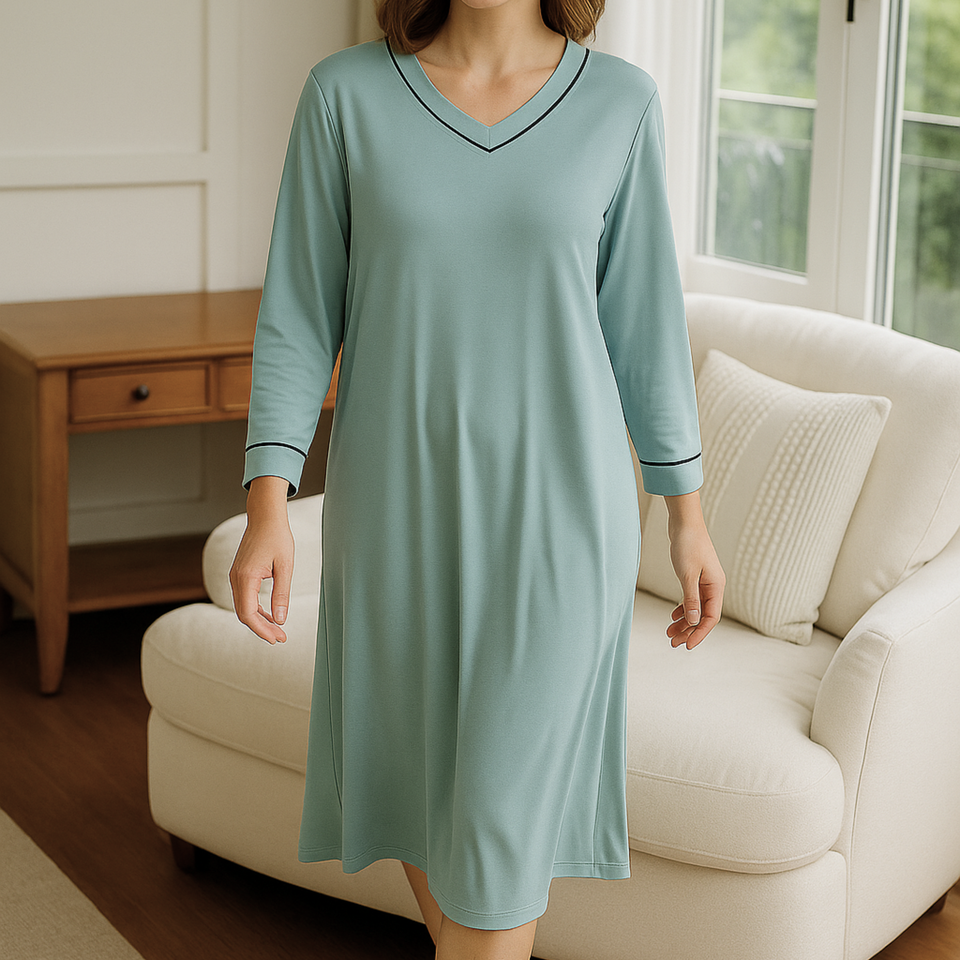 Full-length front view of light green Essential modal nightgown with built-in bra