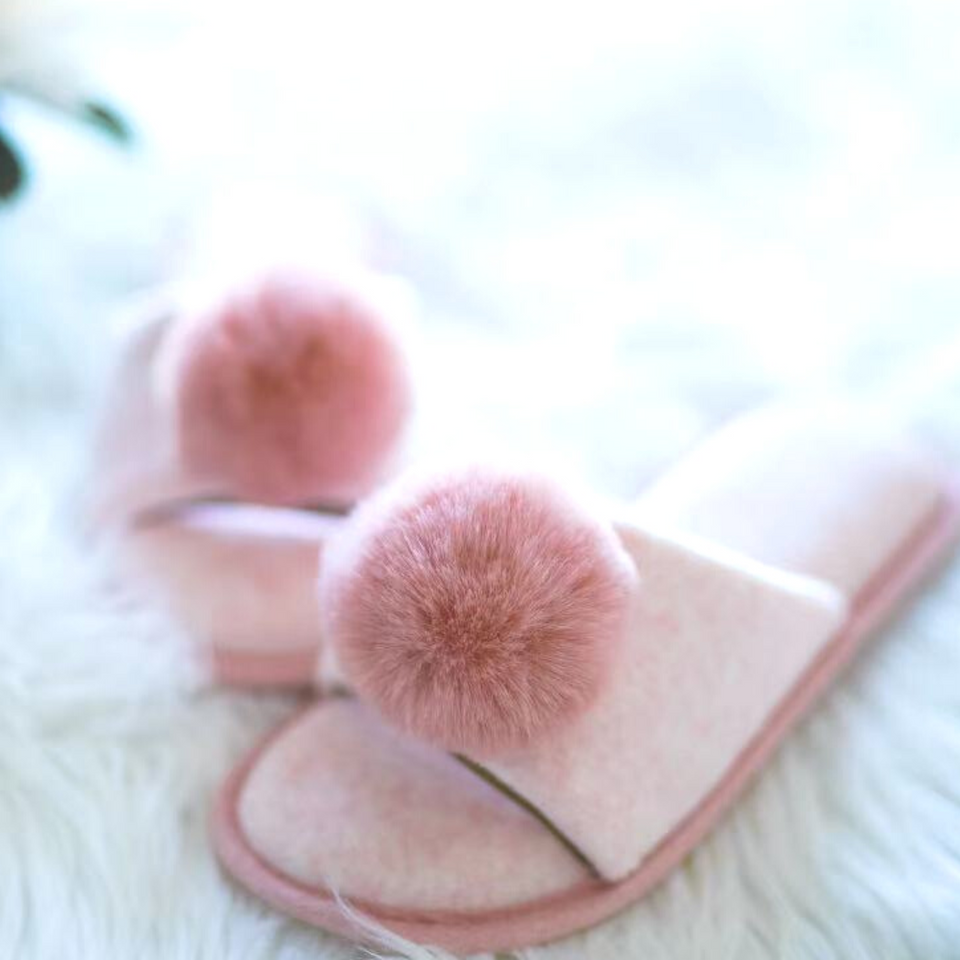 Plush Faux Fur Pom Pom Open-Toe Indoor Slippers with Lightweight EVA Sole for Women
