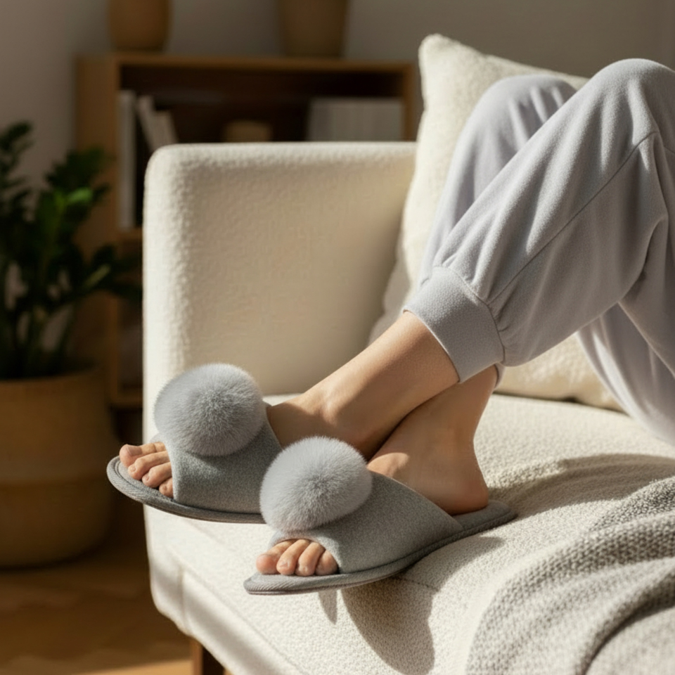 Plush Pom-Pom Open-Toe Slippers – Soft Indoor Lounge Slippers