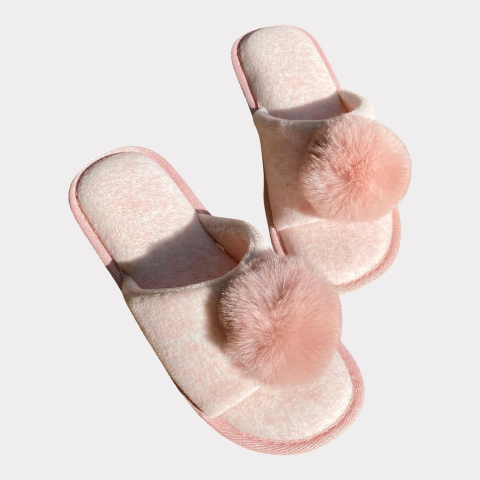 Plush Pom-Pom Open-Toe Slippers – Soft Indoor Lounge Slippers