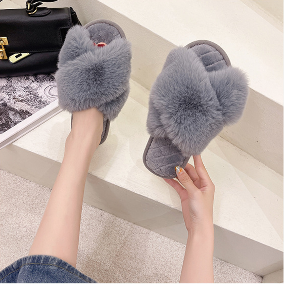 Gray plush faux fur crossband slippers product view