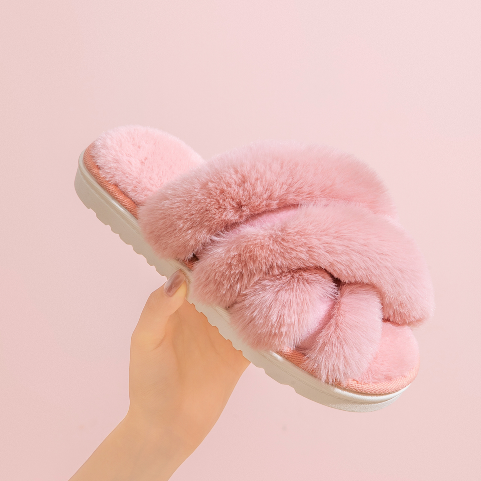 Plush Faux Fur Crisscross Open-Toe Indoor House Slippers with Cloud-Soft Comfort