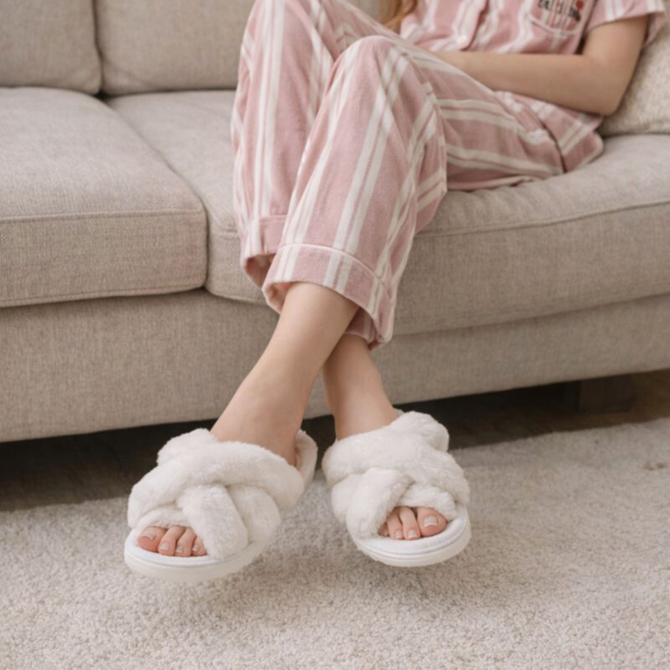 Plush Faux Fur Crisscross Open-Toe Indoor House Slippers with Cloud-Soft Comfort