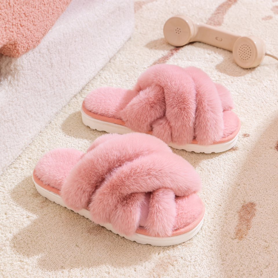 Plush Faux Fur Crisscross Open-Toe Indoor House Slippers with Cloud-Soft Comfort