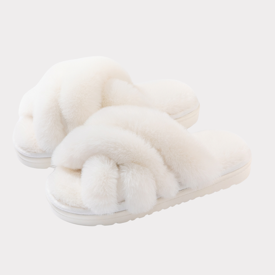 Plush Faux Fur Crisscross Open-Toe Indoor House Slippers with Cloud-Soft Comfort