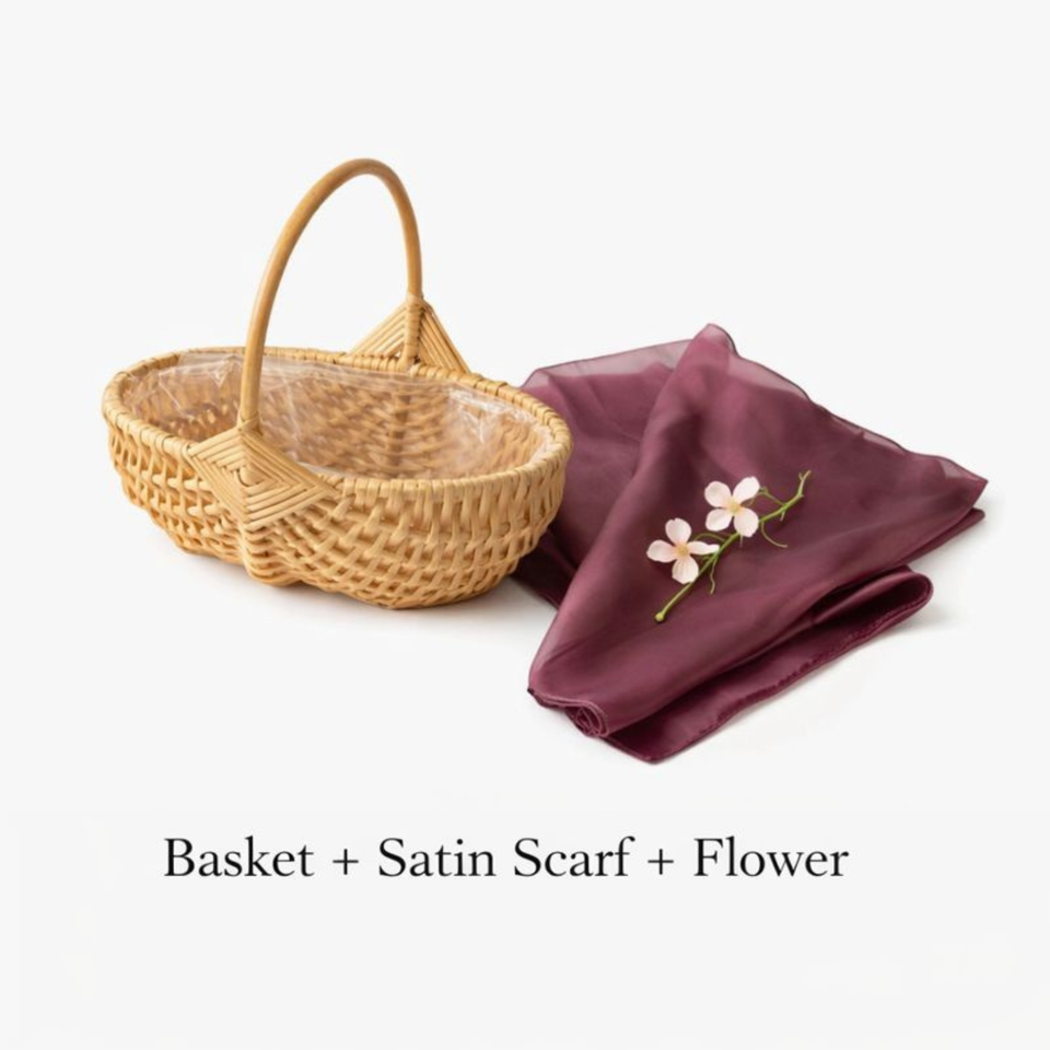 Woven Gift Basket Set – Handcrafted Basket with Satin Scarf and Floral Accent
