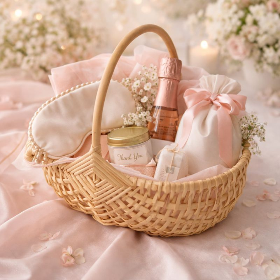 Woven Gift Basket Set – Handcrafted Basket with Satin Scarf and Floral Accent