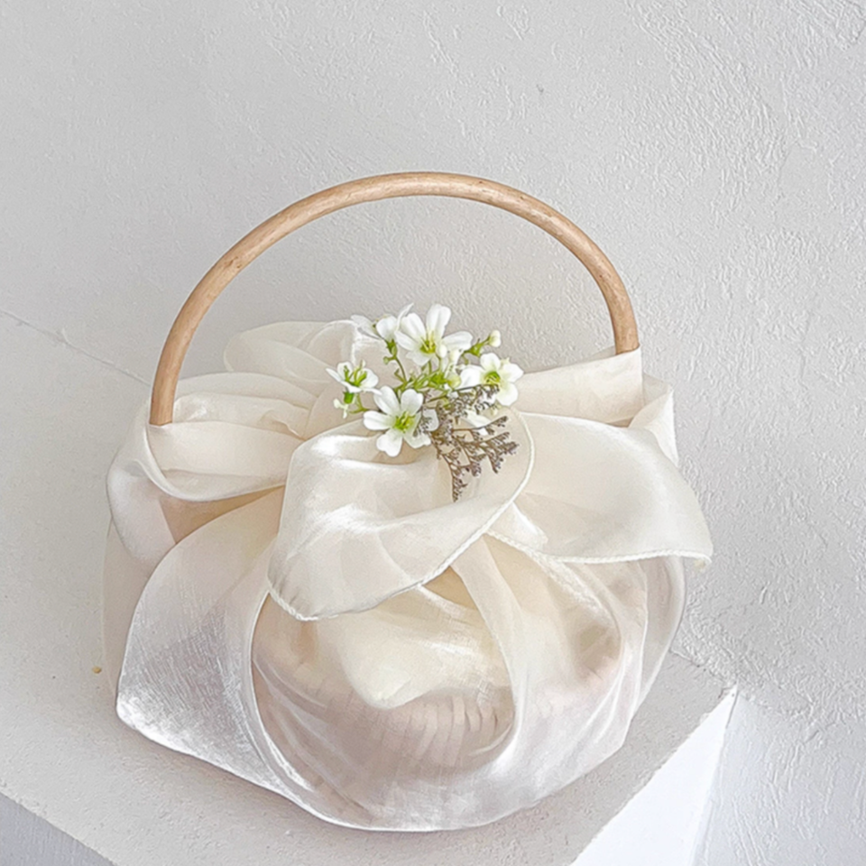 Woven Gift Basket Set – Handcrafted Basket with Satin Scarf and Floral Accent