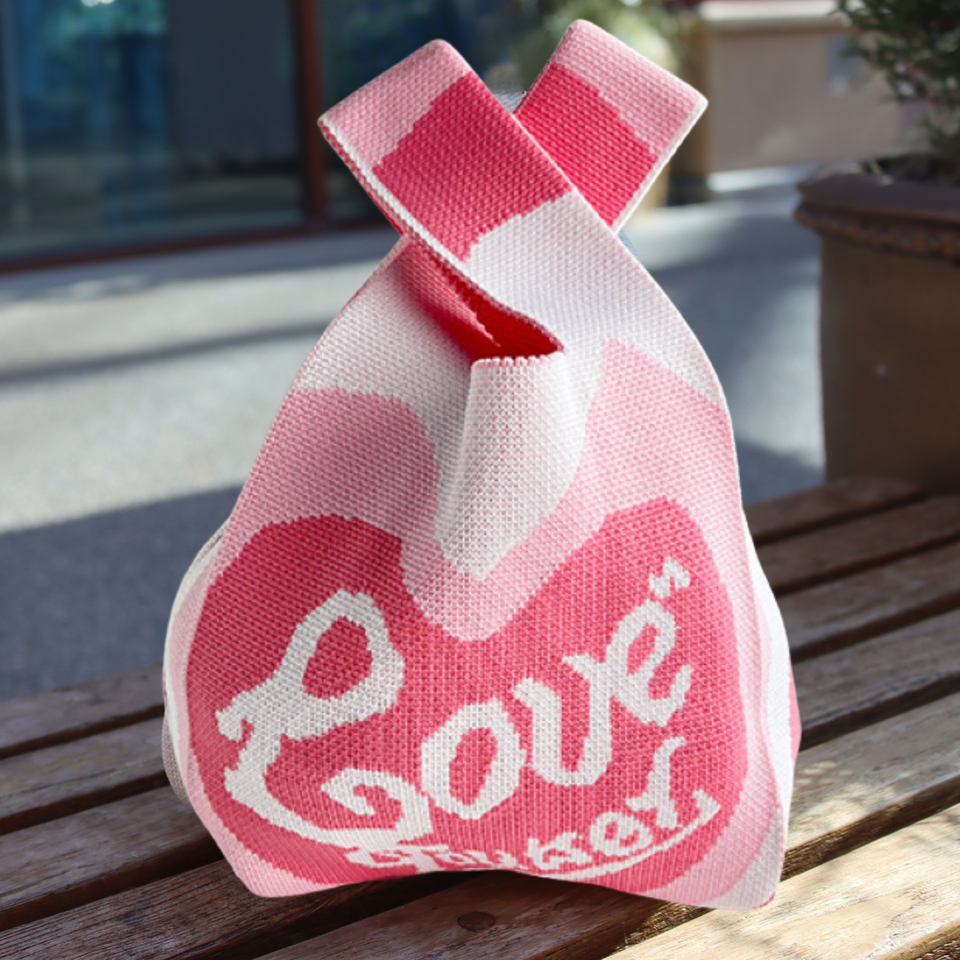 Heart Knit Gift Bag – Soft Drawstring Carry Bag with Love Motif