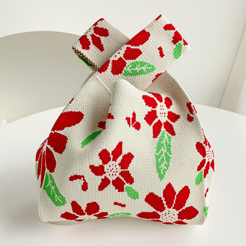 Floral Knit Drawstring Gift Bag