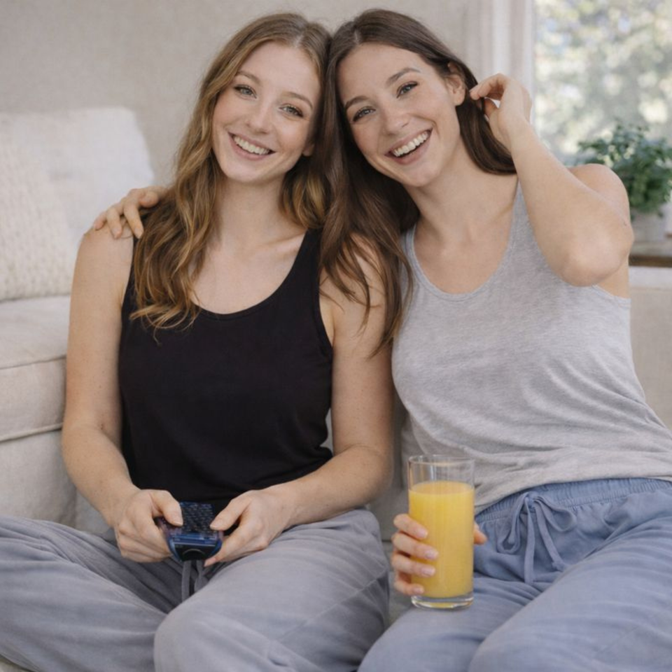 Friends relaxing in coordinated modal tank and pant sets