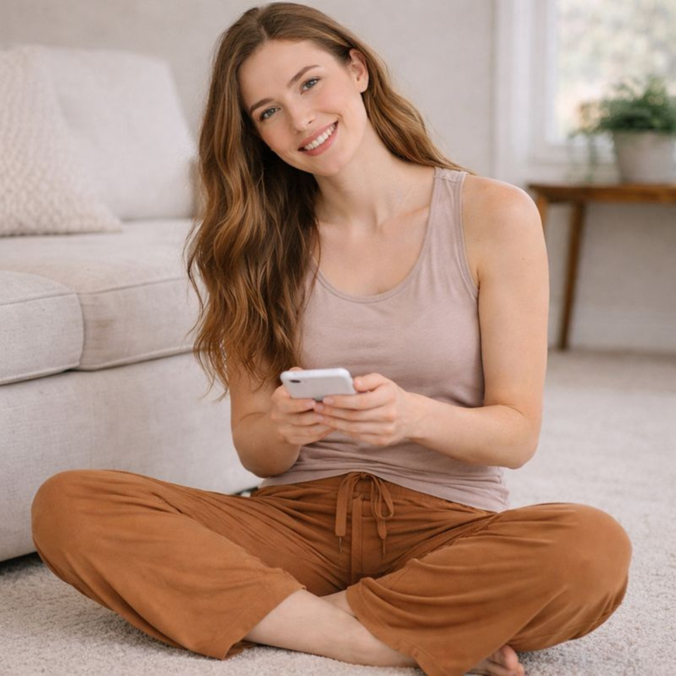 Woman wearing khaki tank and brown modal lounge pants at home
