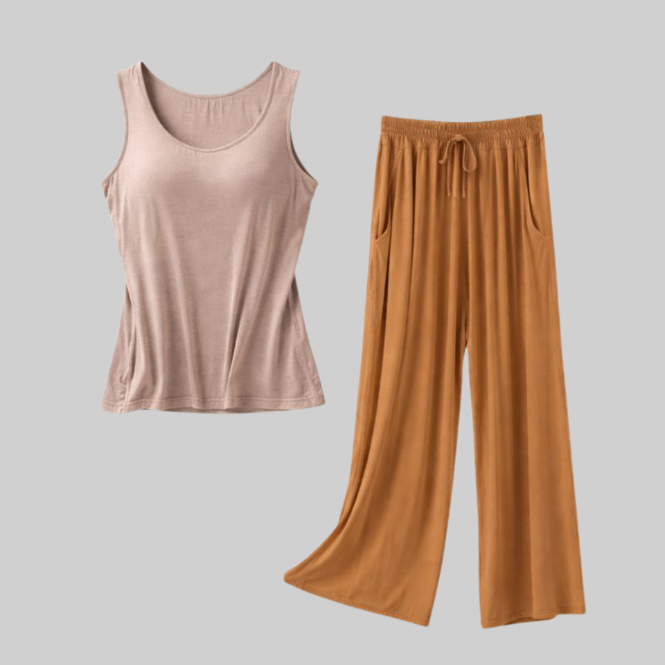 Khaki built in bra lounge tank with brown modal pants flat lay