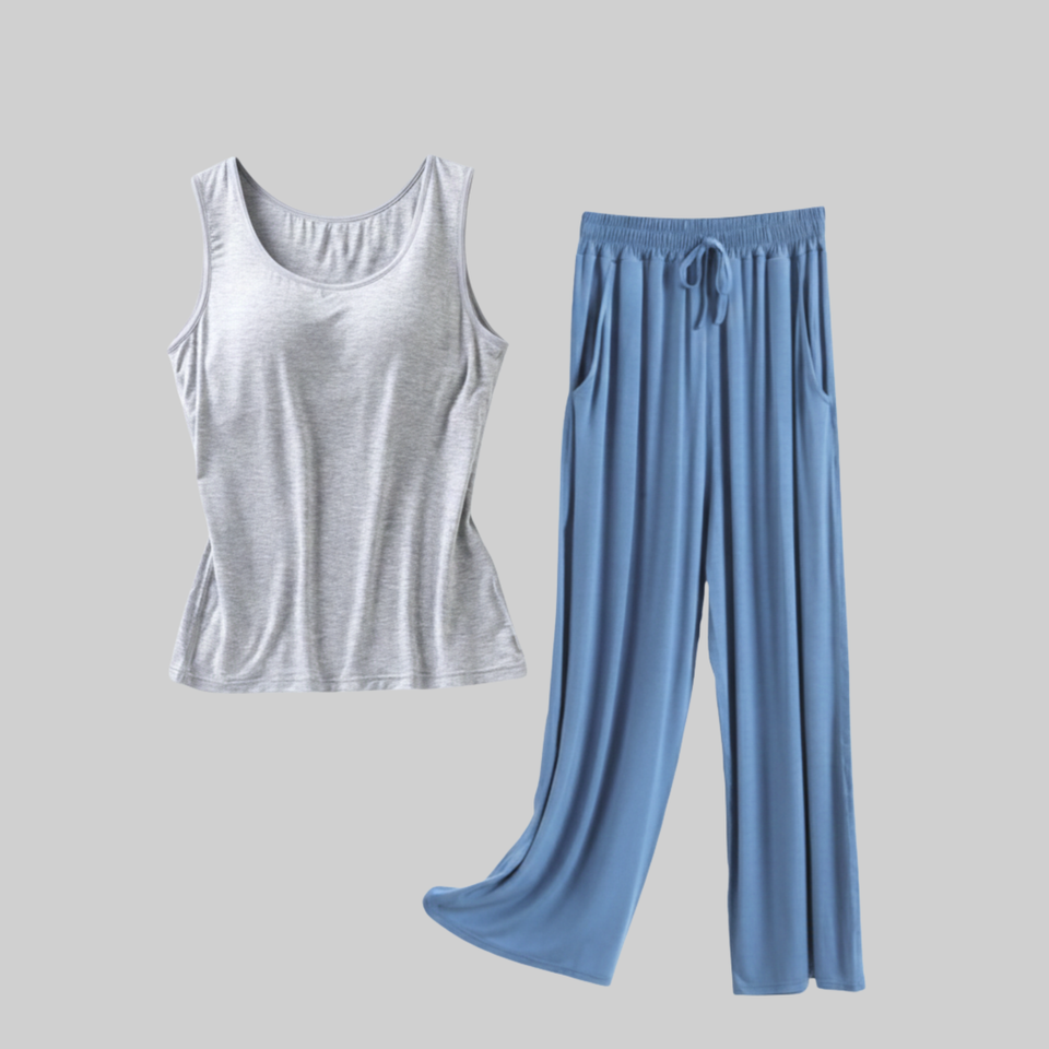 Heather gray built in bra lounge tank with blue modal pants flat lay