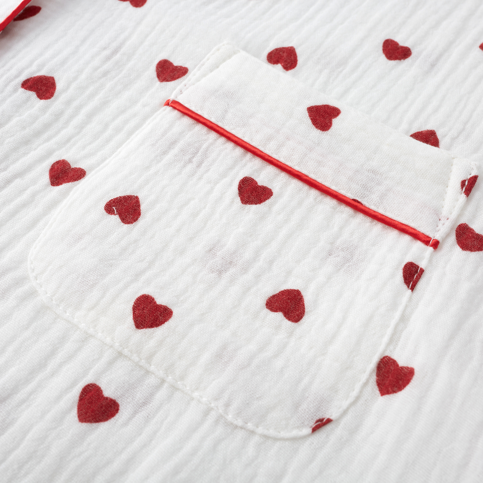 Heart print pajama chest pocket with contrast red piping