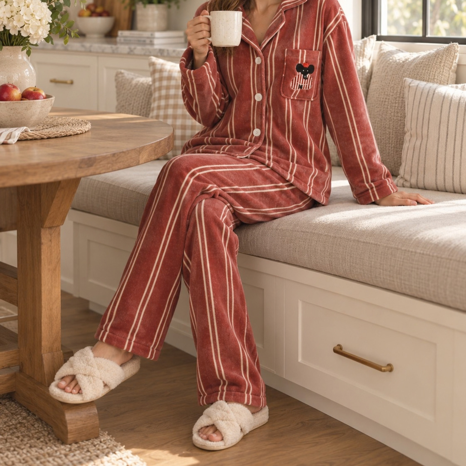 Woman seated on a neutral sofa in rust striped velvet pajamas