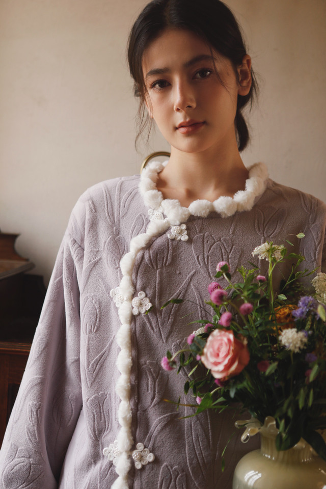 Velour Pom-Trim Pajama Set – Long Sleeve Top & Relaxed Lounge Pants