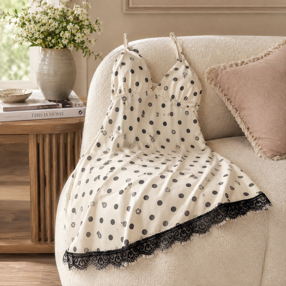 Viscose Slip Nightdress – Polka Dot Lace Trim Sleep Dress