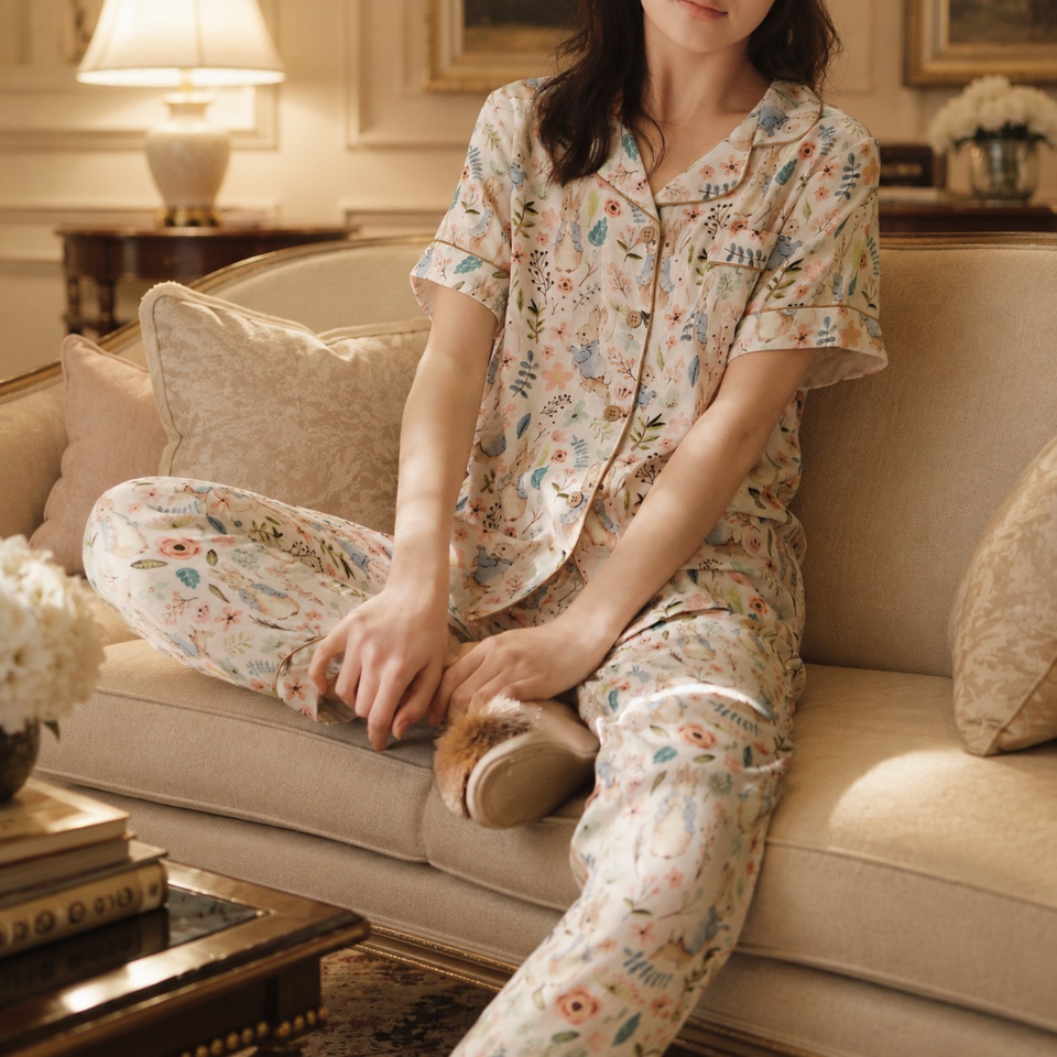 Woman lounging on a sofa in the Meadow Calm bamboo-cotton pajama set