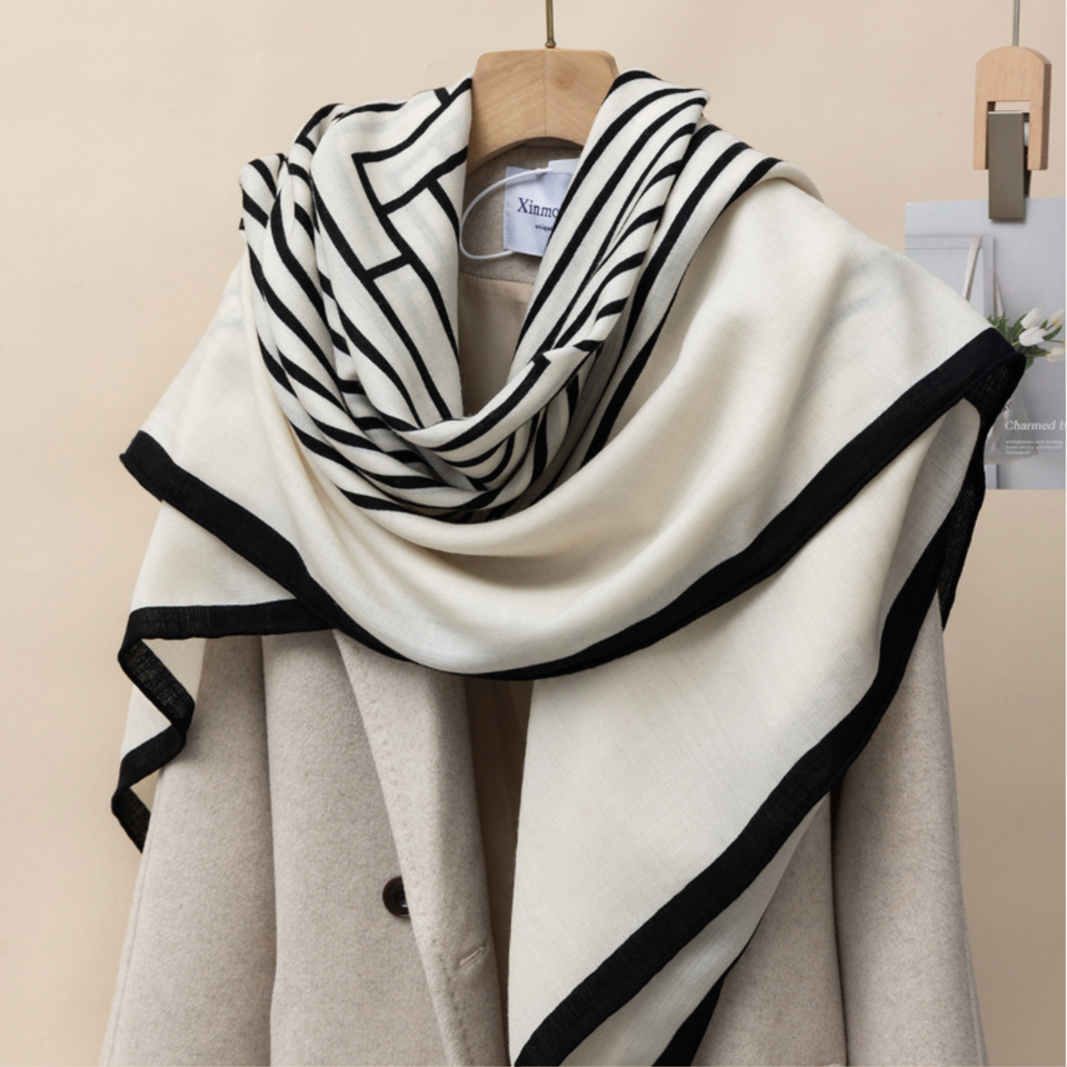 100% Wool Square Scarf – Geometric Border Wrap