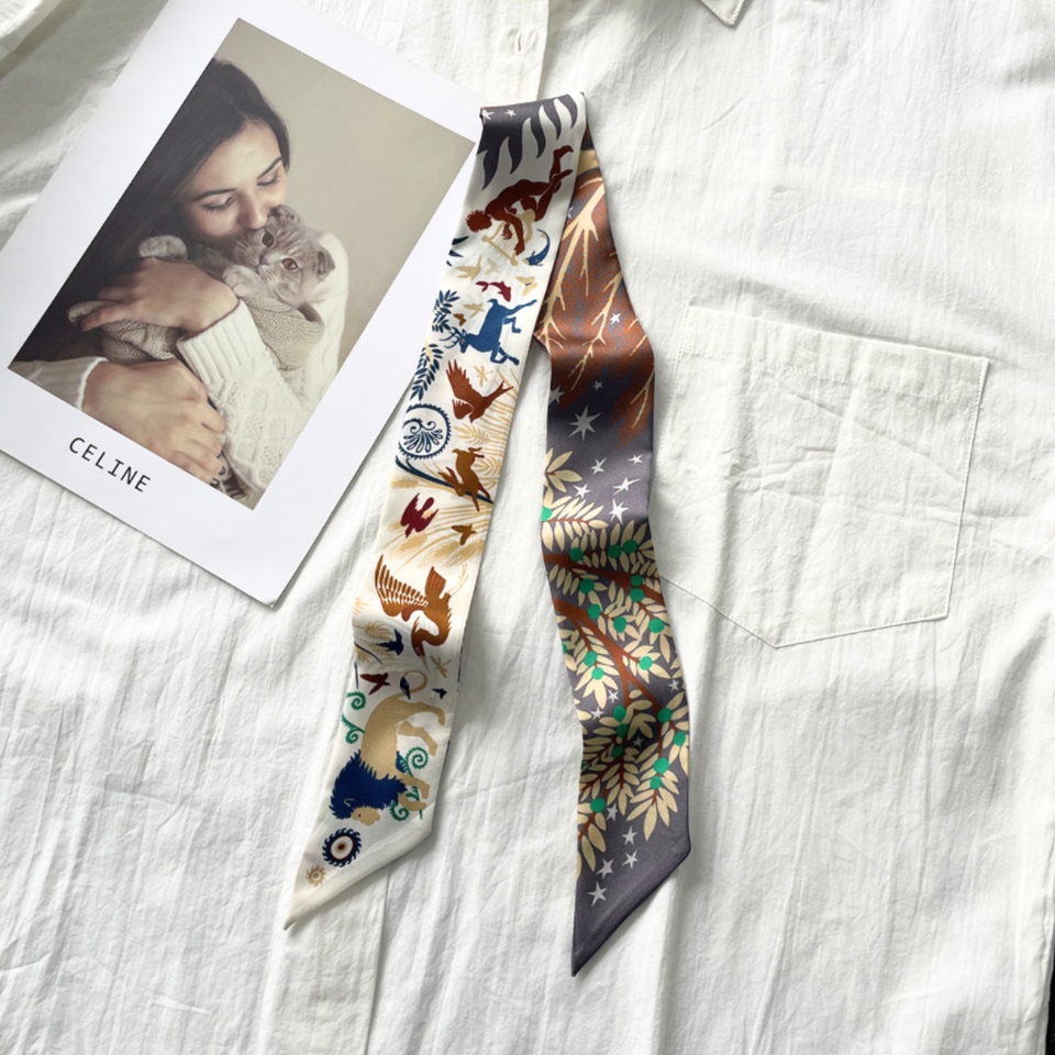 Premium Faux Silk Twilly Scarf – Woodland Print Ribbon Scarf